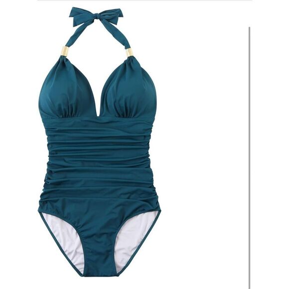 NEW V Neck 1 Pc Swimsuit Tummy Control Ruched Halter Bathing Suit XL - Picture 1 of 8